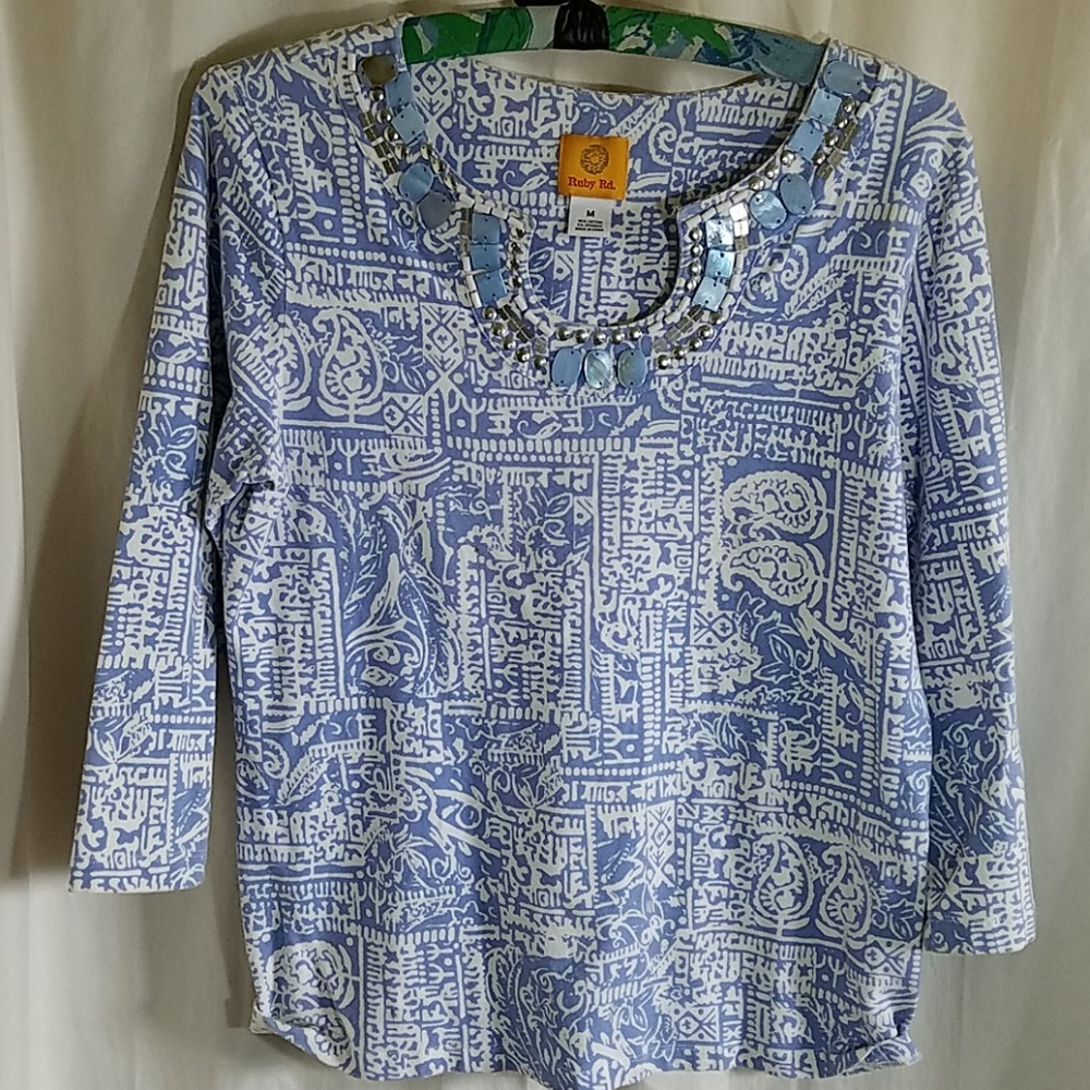 Ruby Rd. Blue and White 3/4 Sleeve Ladies Top sz M